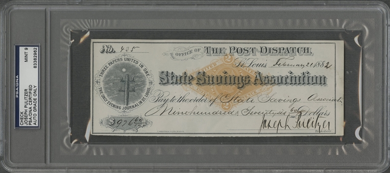 1882 Joseph Pulitzer Signed Encapsulated Check (PSA/DNA Mint 9)